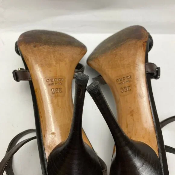 GUCCI Logo Horsebit Equestrian Chocolate Leather /Suede Strappy Heels Size 38 - Picture 7 of 10